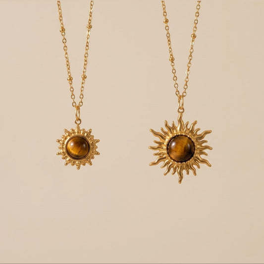GLANZI Tiger Sun Halskette – Sonnenanhänger mit Tigerauge, 18K Vergoldet