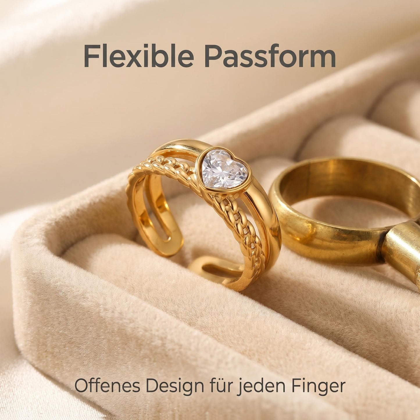 GLANZI Sweet Embrace Ring – Doppelreihiger Herzring mit Zirkonia