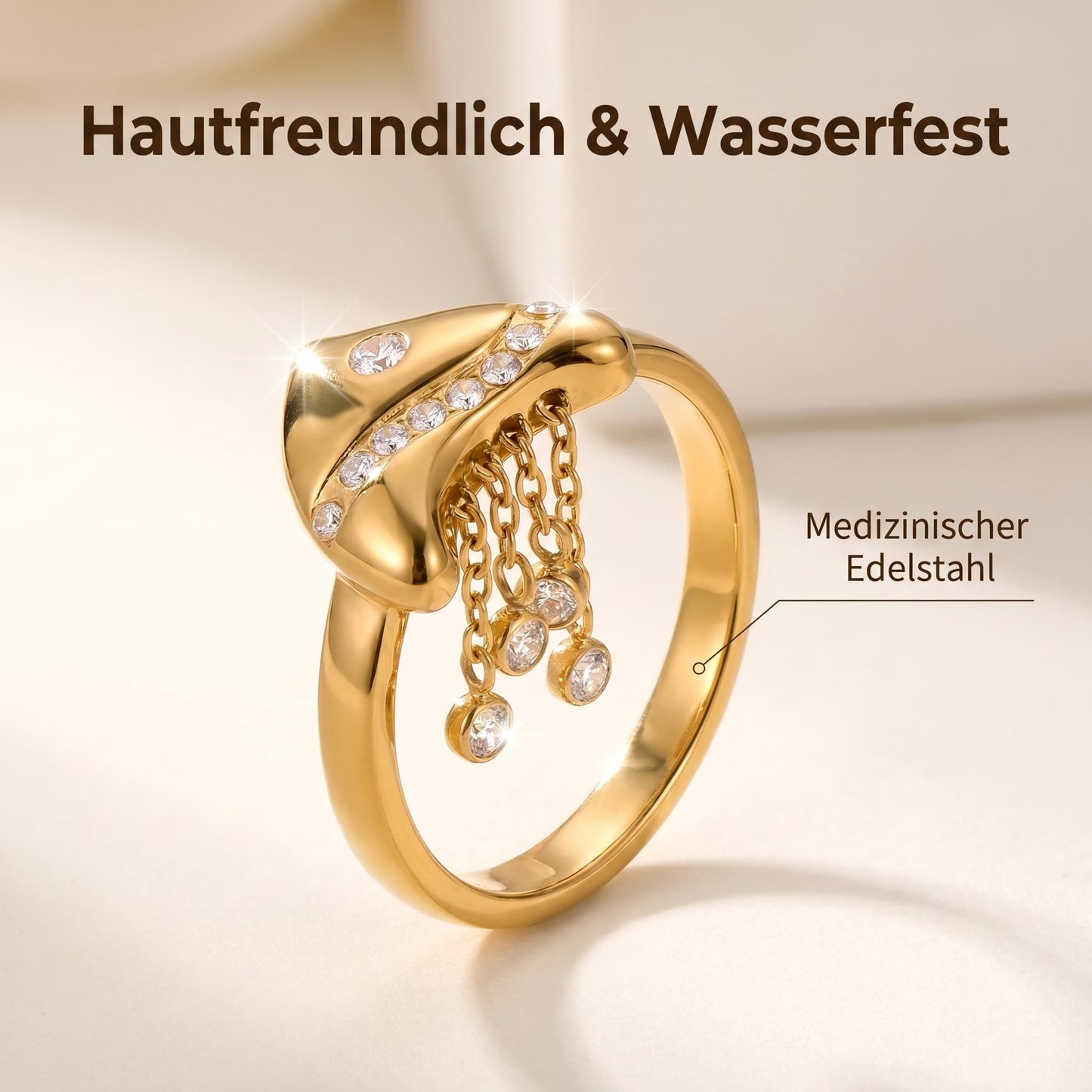GLANZI Golden Jellyfish Ring - Offener Quallenring mit Zirkonia-Fransen