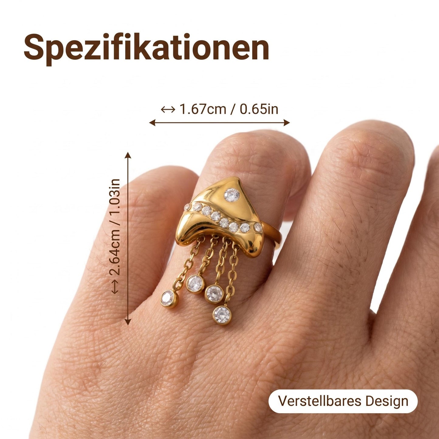 GLANZI Golden Jellyfish Ring - Offener Quallenring mit Zirkonia-Fransen