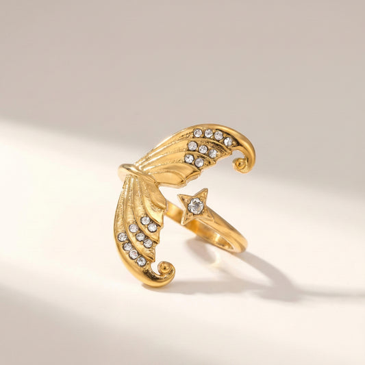 GLANZI Mermaid's Secret Ring - Offener Ring mit Meerjungfrauenflosse & Zirkonia