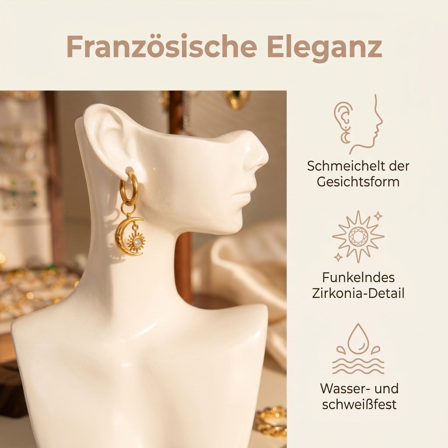 GLANZI Solar Luna Ohrringe – Vintage Mond & Sonne Anhänger, 18K Vergoldet