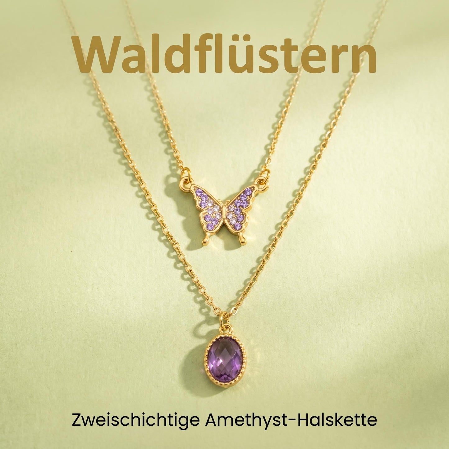 GLANZI Waldflüstern Halskette – Doppellagig mit Schmetterling & Amethyst