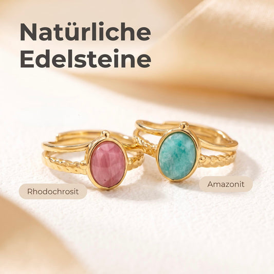GLANZI Terra Muse Ring – Verstellbarer Doppelring mit Naturstein, 18K Vergoldet