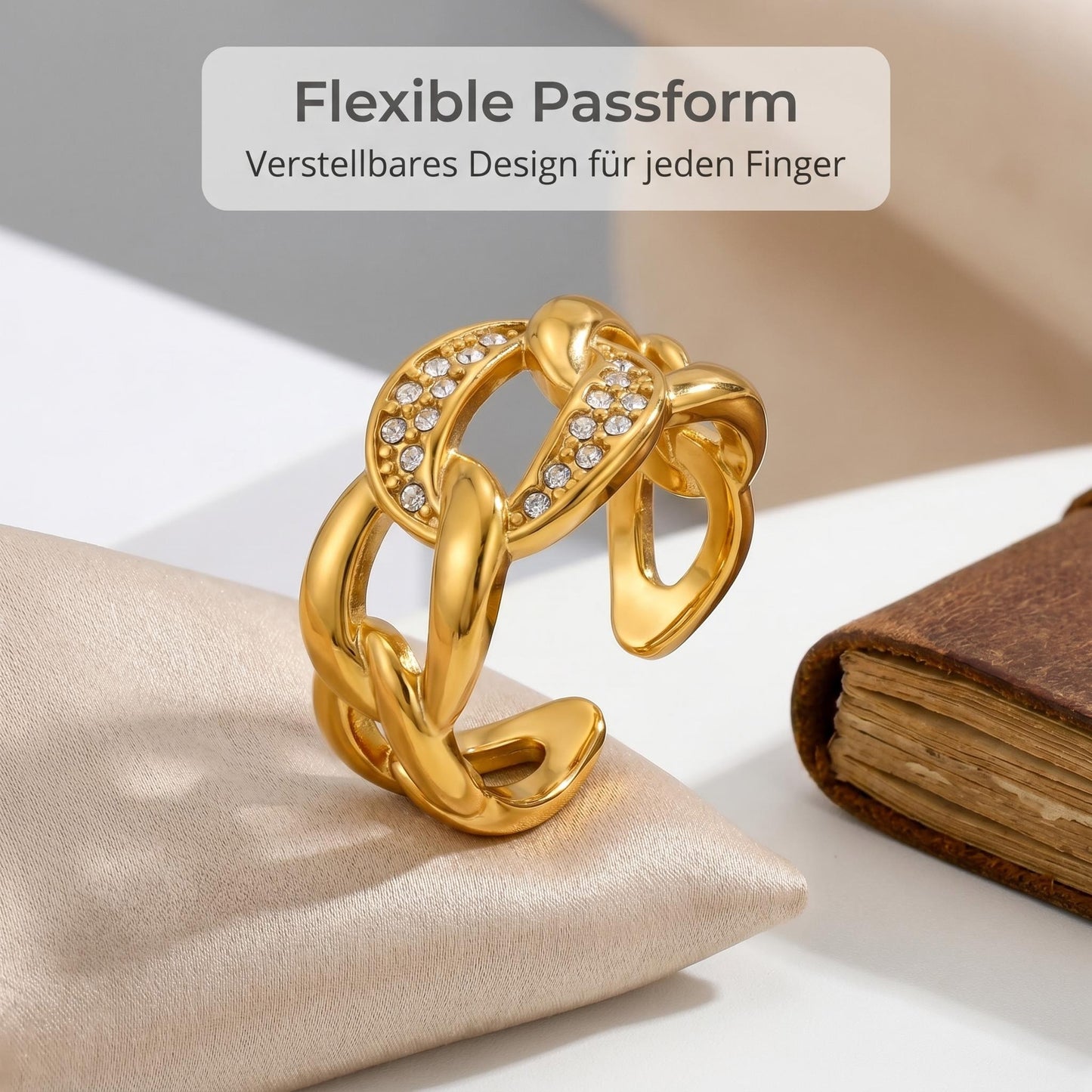 GLANZI Linked Glow Ring – Offener Kettenring mit Zirkonia