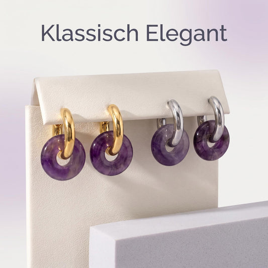 GLANZI Amethyst Harmony Ohrringe – Natürlicher Amethyst mit rundem Anhänger, 18K Vergoldet
