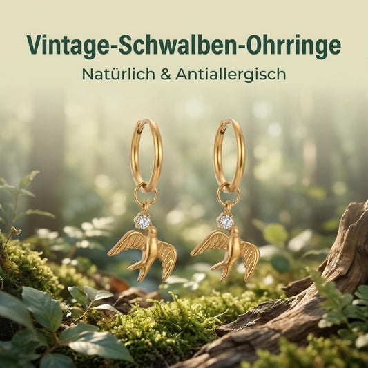 GLANZI Schwalbentanz Ohrringe – Vintage Creolen mit Schwalben Anhänger