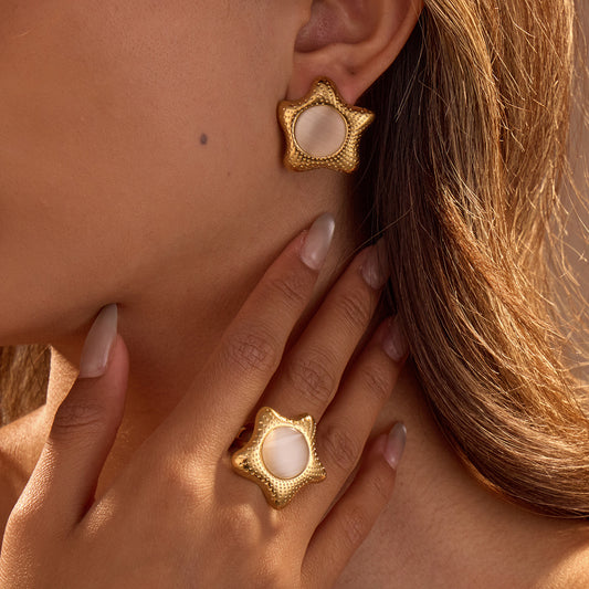 GLANZI Schmuck-Set – Stern Ohrstecker & Ring mit Katzenauge, 18K Edelstahl