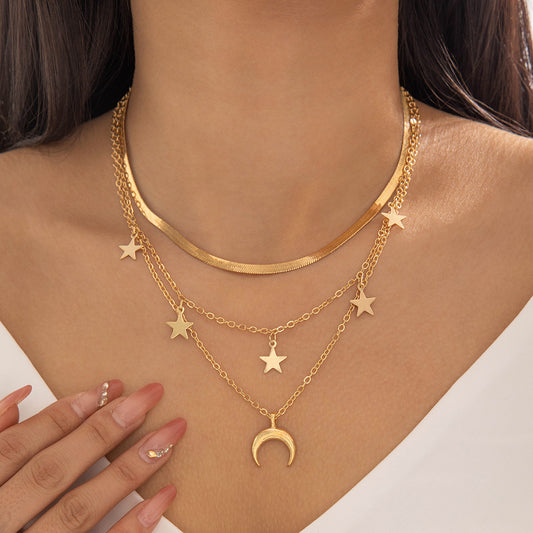 Dreilagige Halskette – Sterne & Mond Anhänger | 18K Vergoldeter Edelstahl Damen Schmuck