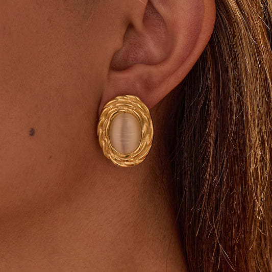 GLAMZI Vintage Ohrringe – 18K Vergoldeter Edelstahl mit Weißem Katzenauge Stein
