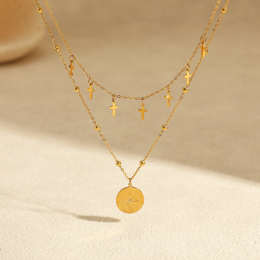 GLANZI Doppelreihige Halskette – Kreuz & Sternenmedaillon Anhänger, 18K Vergoldeter Edelstahl