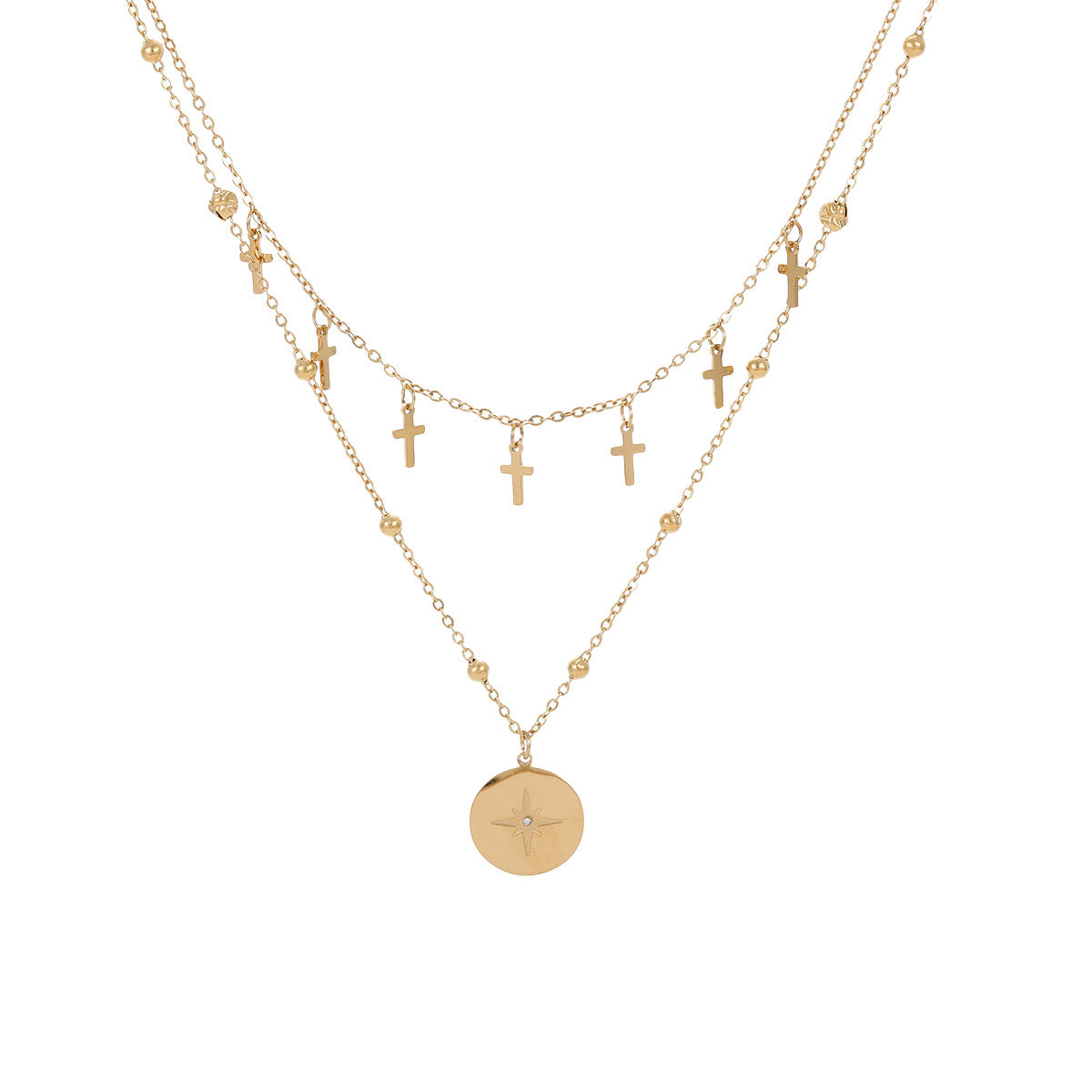 GLANZI Doppelreihige Halskette – Kreuz & Sternenmedaillon Anhänger, 18K Vergoldeter Edelstahl