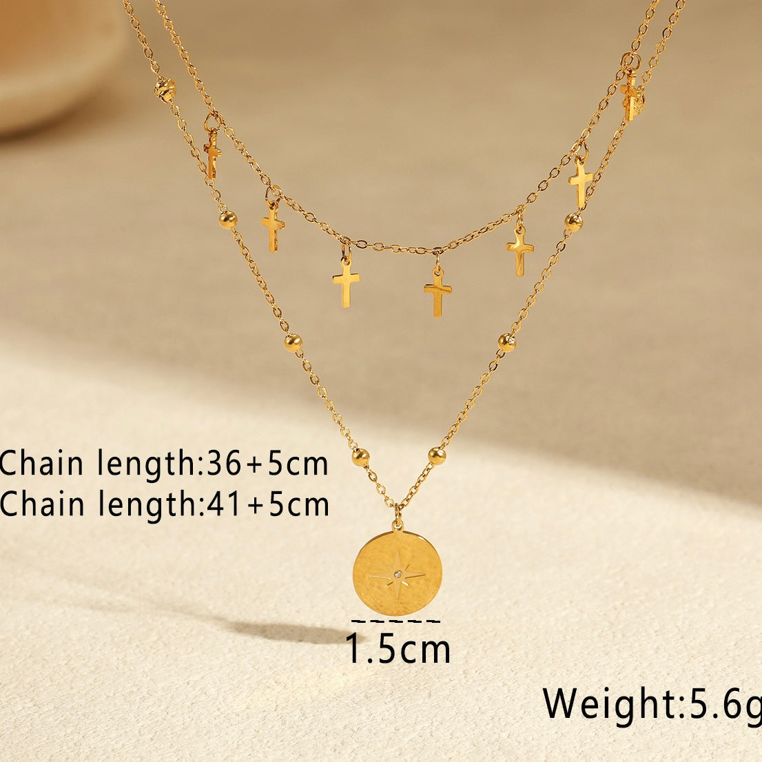 GLANZI Doppelreihige Halskette – Kreuz & Sternenmedaillon Anhänger, 18K Vergoldeter Edelstahl