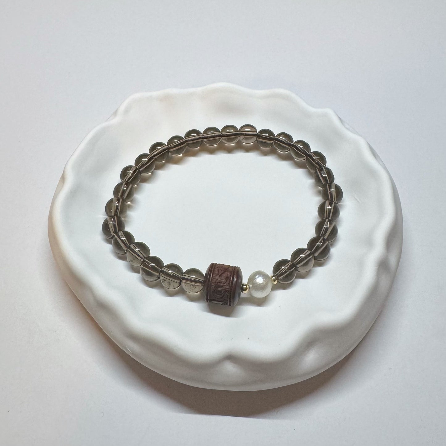 Teequarz Armband mit Süßwasserperle und Rosenholz-Kugel