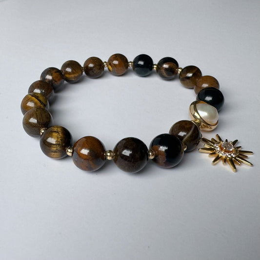 Tigerauge Armband mit Süßwasserperle und Sternanhänger