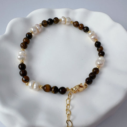 Tigerauge Armband mit Süßwasserperlen