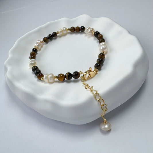 Tigerauge Armband mit Süßwasserperlen