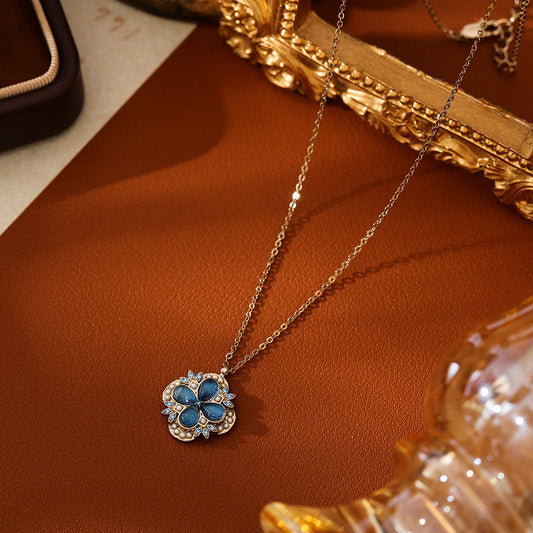 GLANZI Halskette Meeresblaues Katzenauge – vierblättriges Kleeblatt