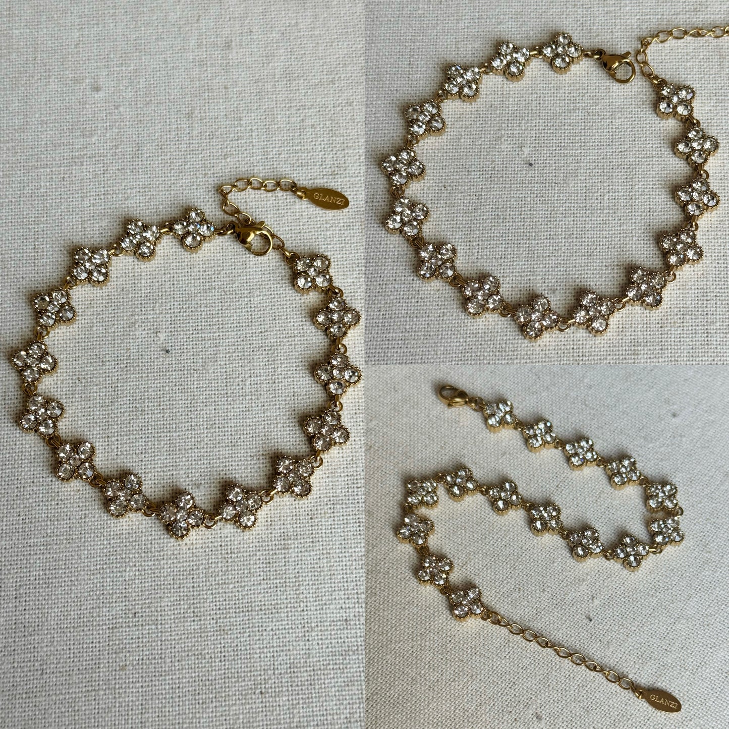 GLANZI Funkelndes Kleeblatt Schmuckset – Halskette, Armband, Ohrringe & Ring