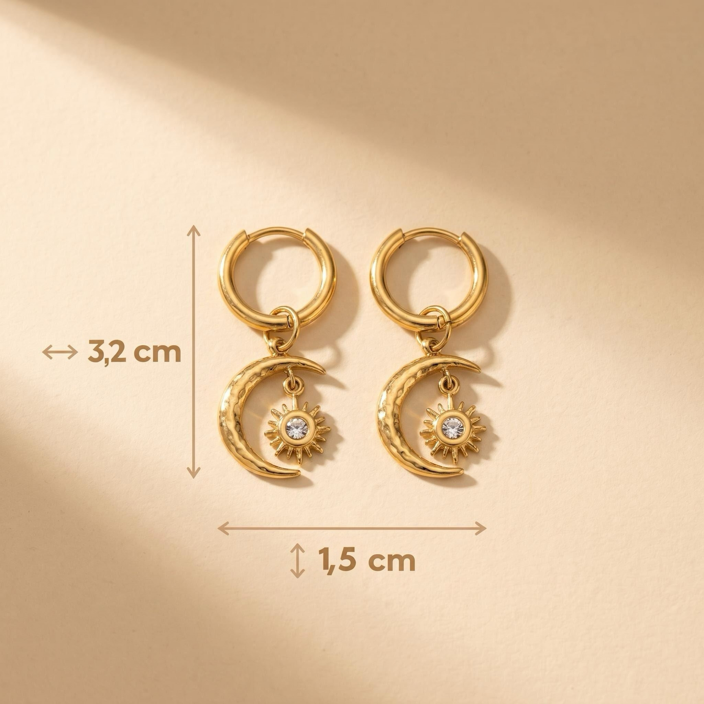 GLANZI Solar Luna Ohrringe – Vintage Mond & Sonne Anhänger, 18K Vergoldet