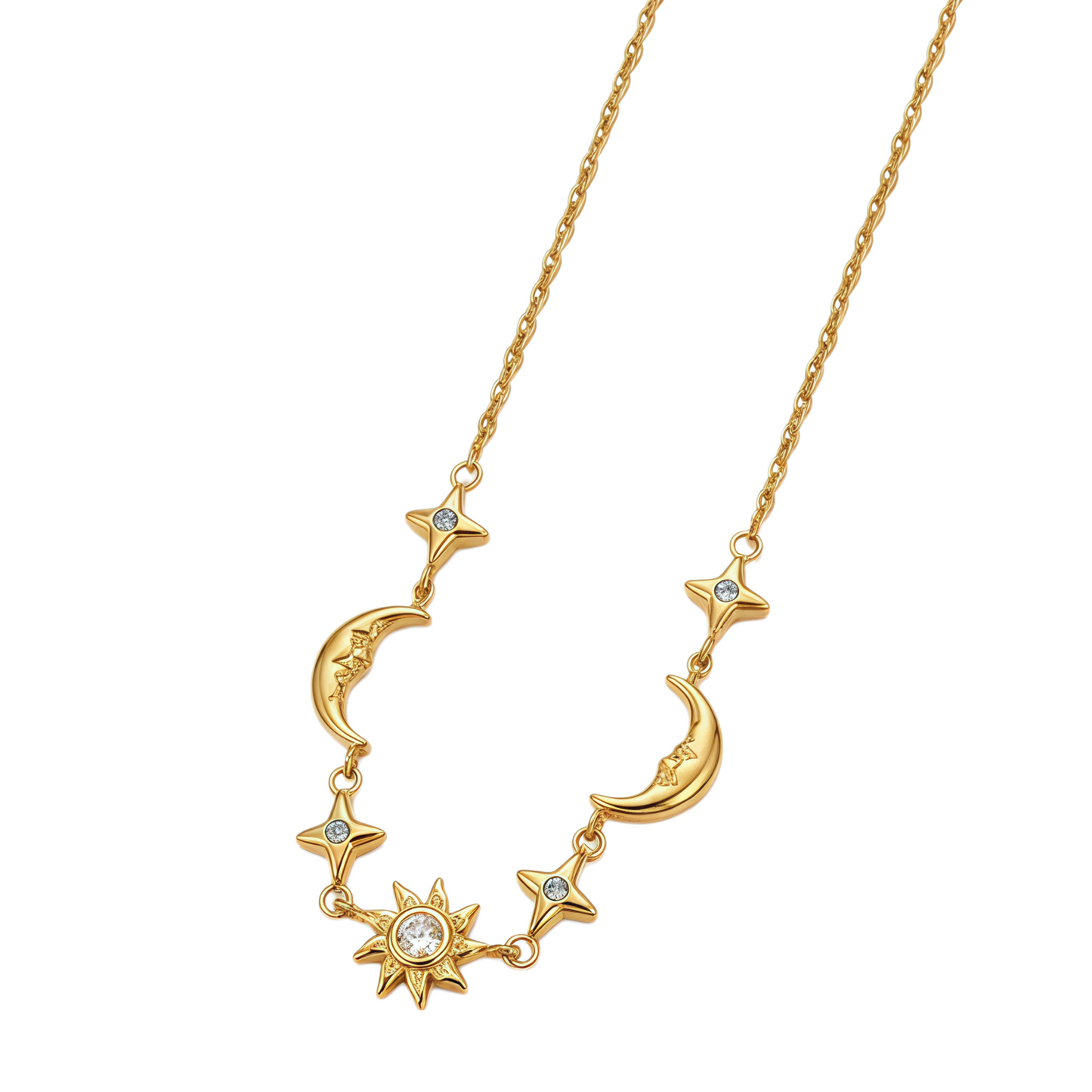 GLANZI Celestial Glow Schmuckset – Sonne, Mond & Stern mit Zirkonia, 18K Vergoldet
