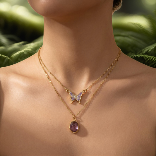 GLANZI Waldflüstern Halskette – Doppellagig mit Schmetterling & Amethyst