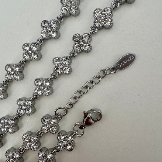 GLANZI Kleeblatt Schmuckset mit Weißem Zirkonia in Silber – Halskette & Armband