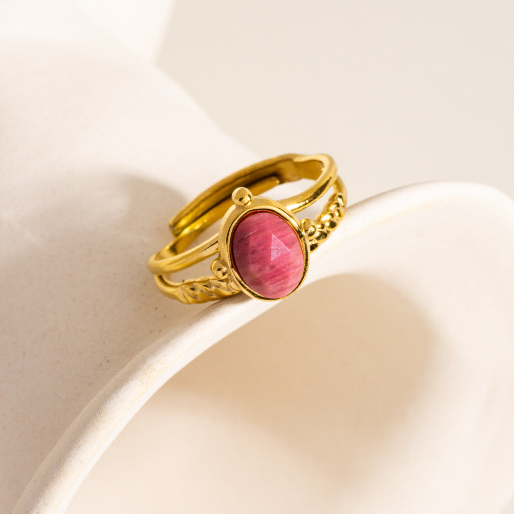 GLANZI Terra Muse Ring – Verstellbarer Doppelring mit Naturstein, 18K Vergoldet