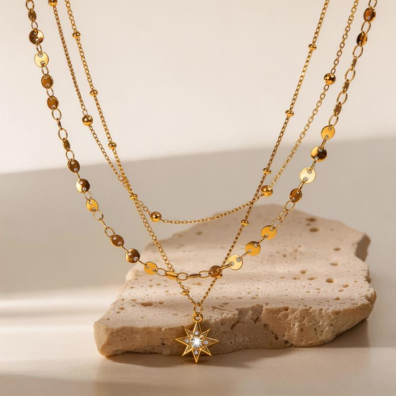 GLANZI Starlit Muse Halskette – Dreilagiges Layering-Design mit Sternanhänger