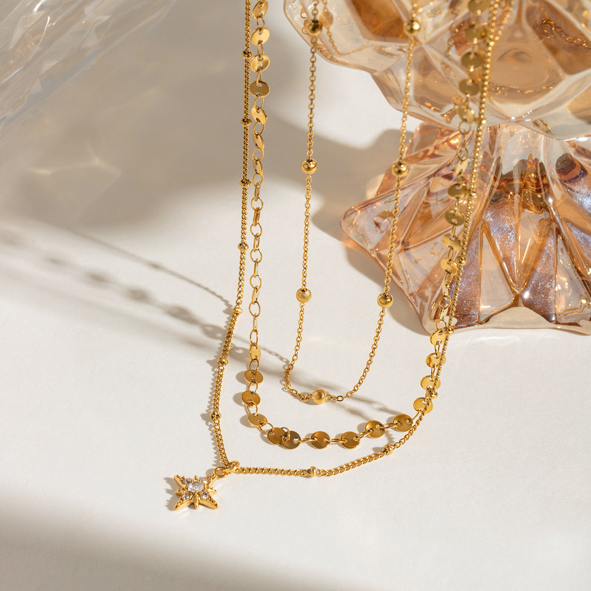 GLANZI Starlit Muse Halskette – Dreilagiges Layering-Design mit Sternanhänger