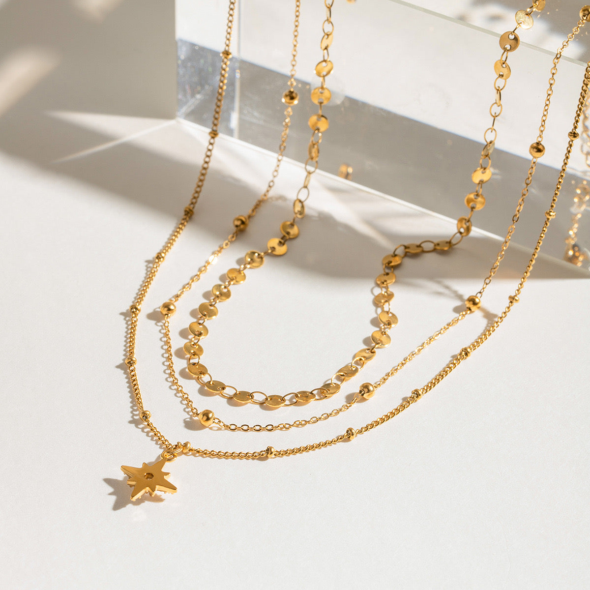 GLANZI Starlit Muse Halskette – Dreilagiges Layering-Design mit Sternanhänger