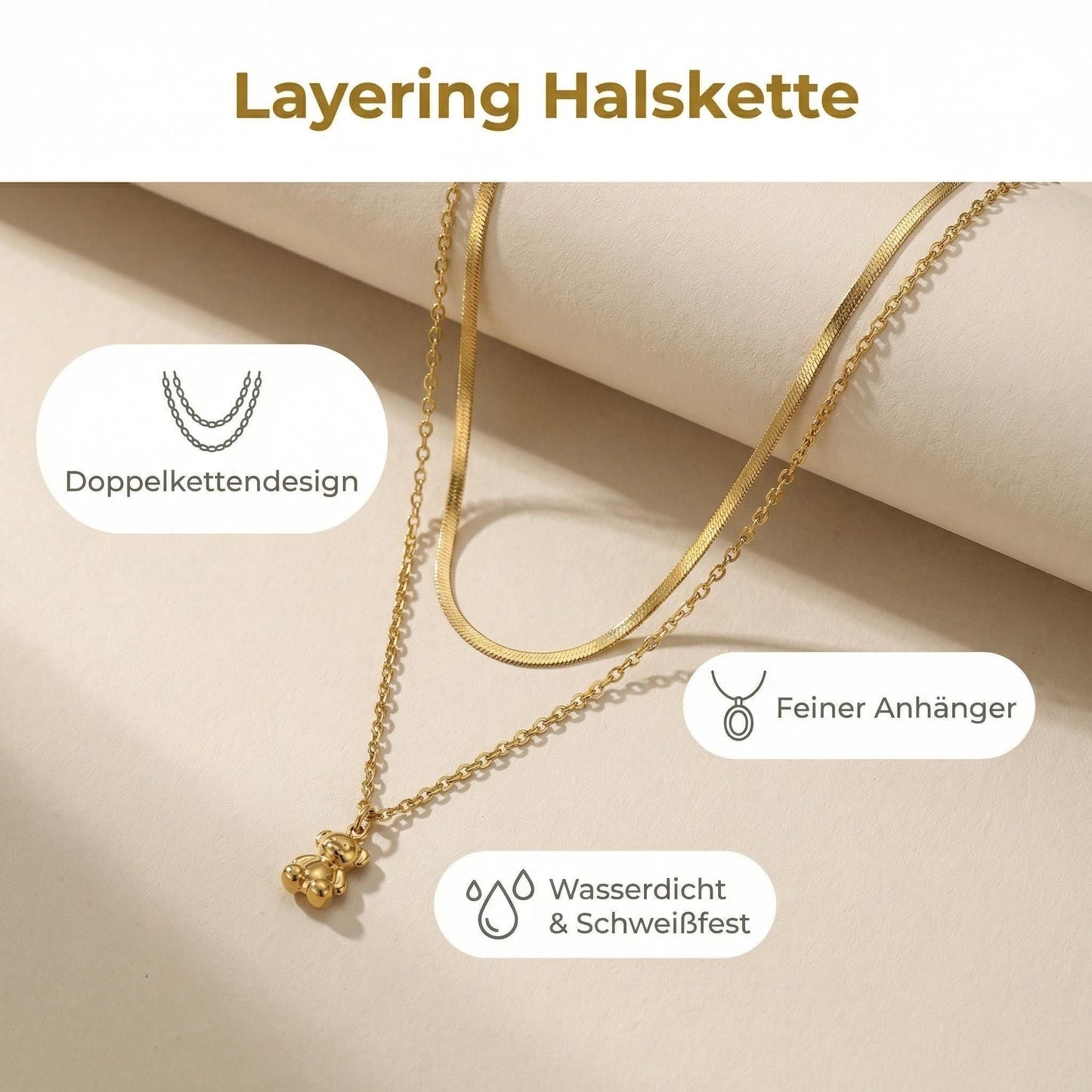 GLANZI Doppelreihige Halskette mit Bären Anhänger