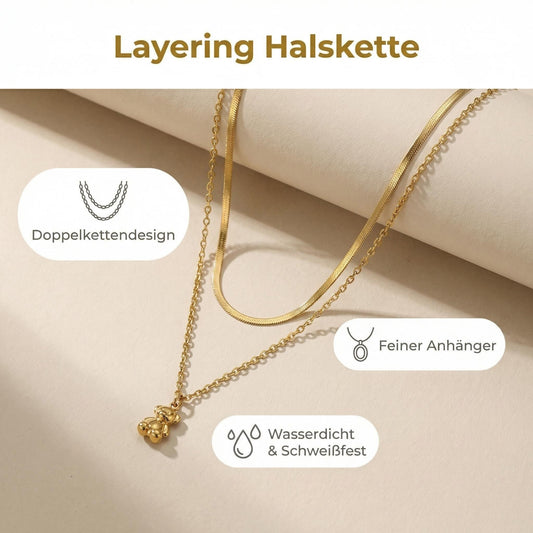 GLANZI Doppelreihige Halskette mit Bären Anhänger
