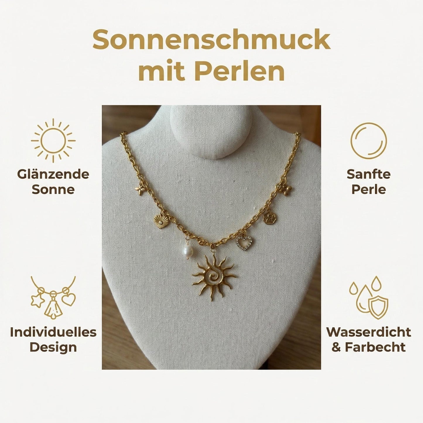GLANZI Charm Halskette – Sonnen- & Perlen Anhänger