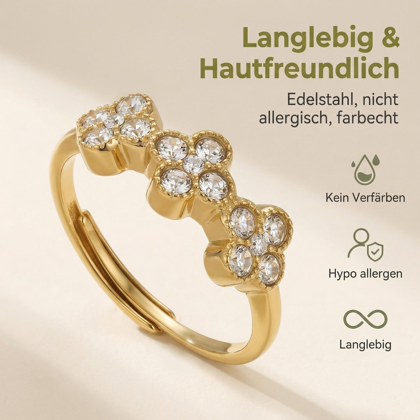 GLANZI Kleeblatt Ring mit Zirkonia
