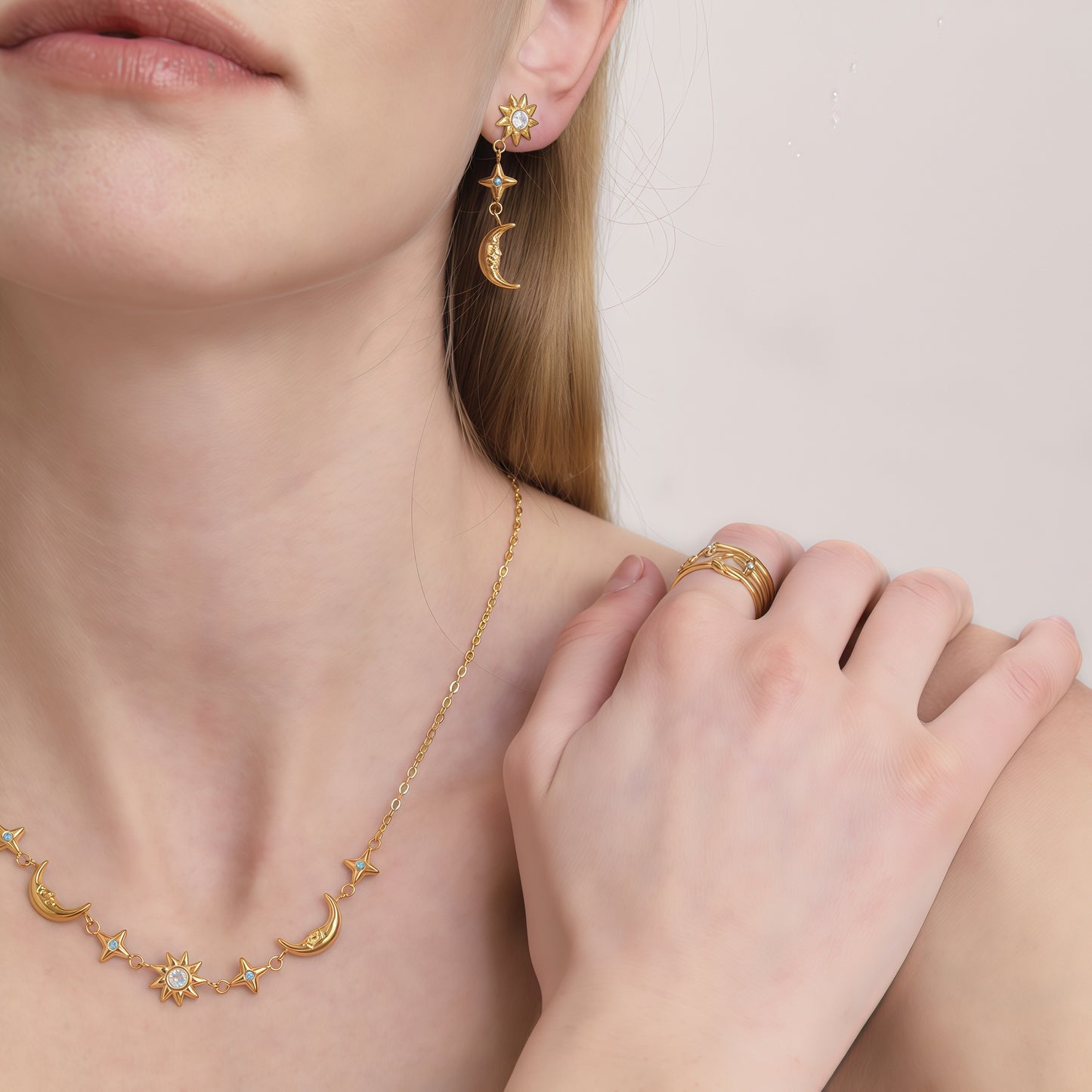 GLANZI Celestial Glow Schmuckset – Sonne, Mond & Stern mit Zirkonia, 18K Vergoldet