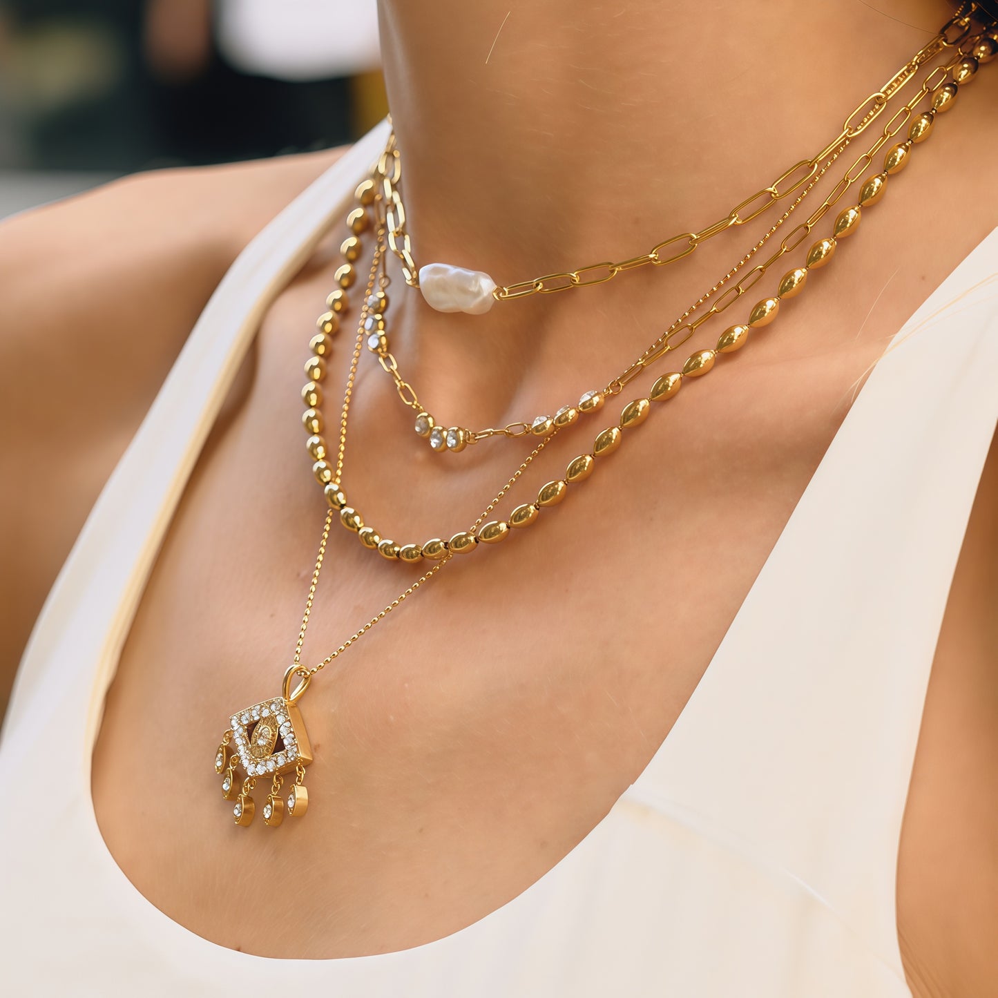 GLANZI Evil Eye Tassel Halskette – Zirkonia Anhänger mit Tropfen-Details, 18K Vergoldet