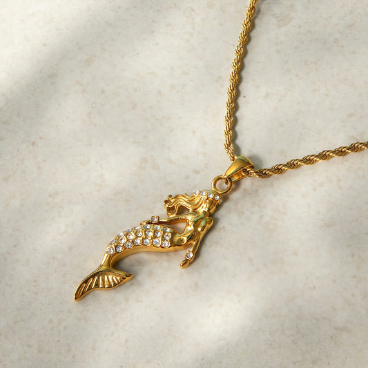 GLANZI Mermaid Glow Halskette – Meerjungfrau Anhänger mit Zirkonia, 18K Vergoldet