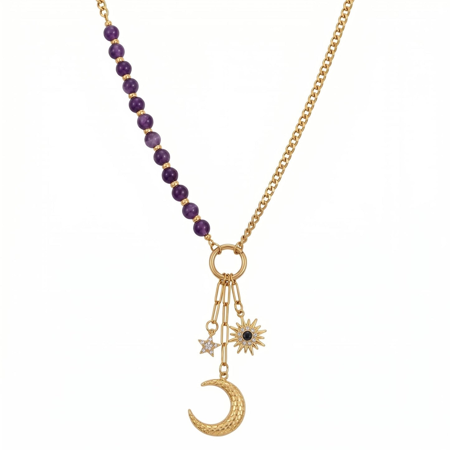 GLANZI Amethyst Celestial Halskette – Asymmetrisches Design mit Sonne, Mond & Stern