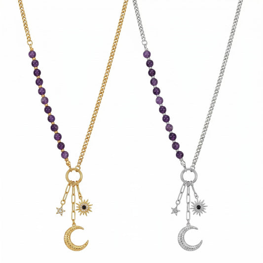 GLANZI Amethyst Celestial Halskette – Asymmetrisches Design mit Sonne, Mond & Stern