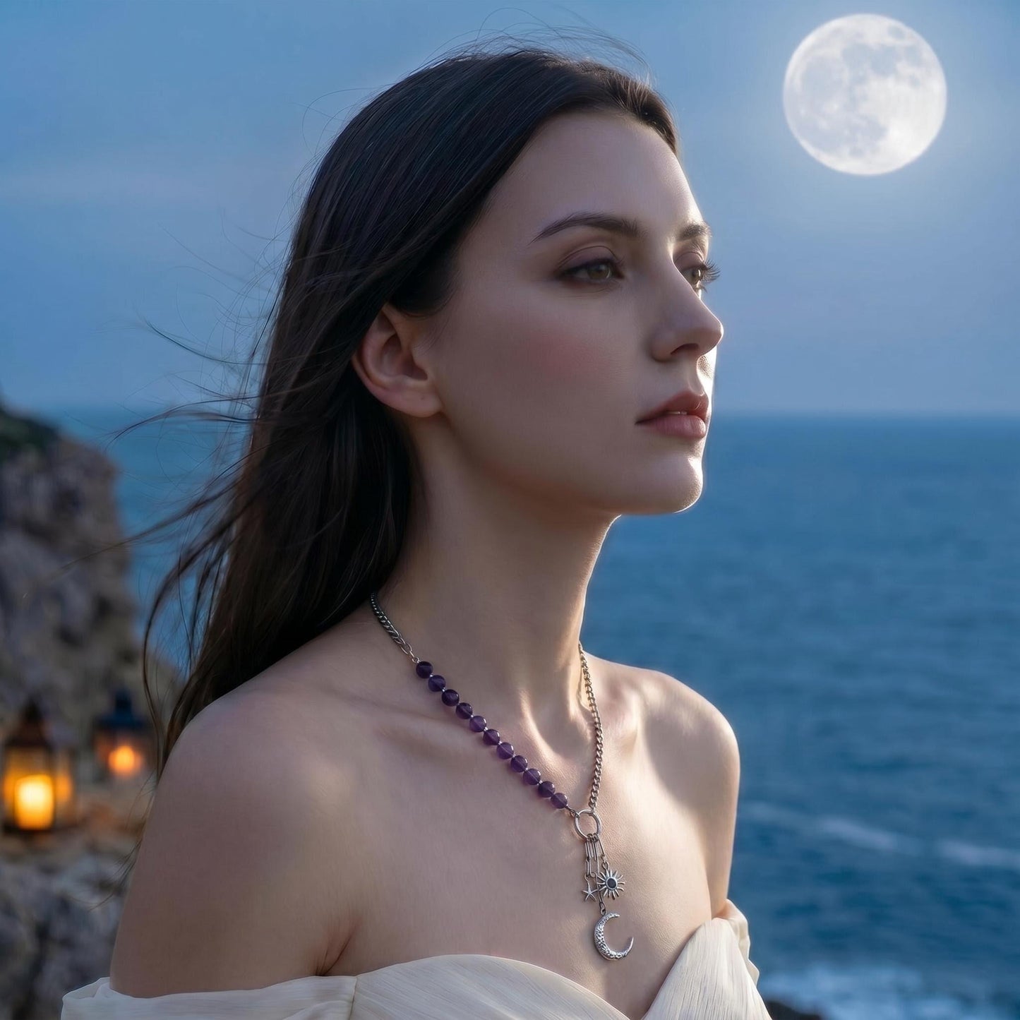 GLANZI Amethyst Celestial Halskette – Asymmetrisches Design mit Sonne, Mond & Stern