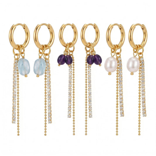 GLANZI Aura Tassel Ohrringe – Perle, Aquamarin oder Amethyst