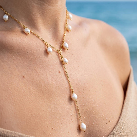GLANZI Pearl Cascade Halskette – Y-Design mit Barockperlen, Gold oder Silber