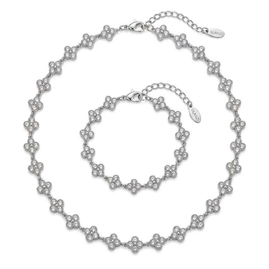 GLANZI Kleeblatt Schmuckset mit Weißem Zirkonia in Silber – Halskette & Armband