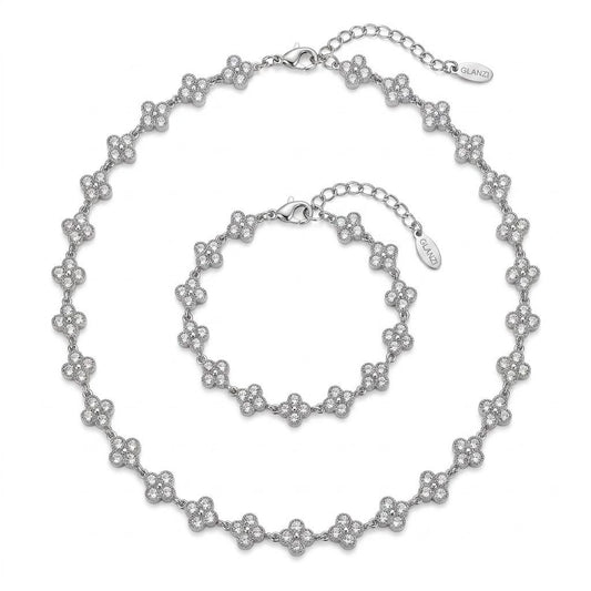 GLANZI Kleeblatt Schmuckset mit Weißem Zirkonia in Silber – Halskette & Armband