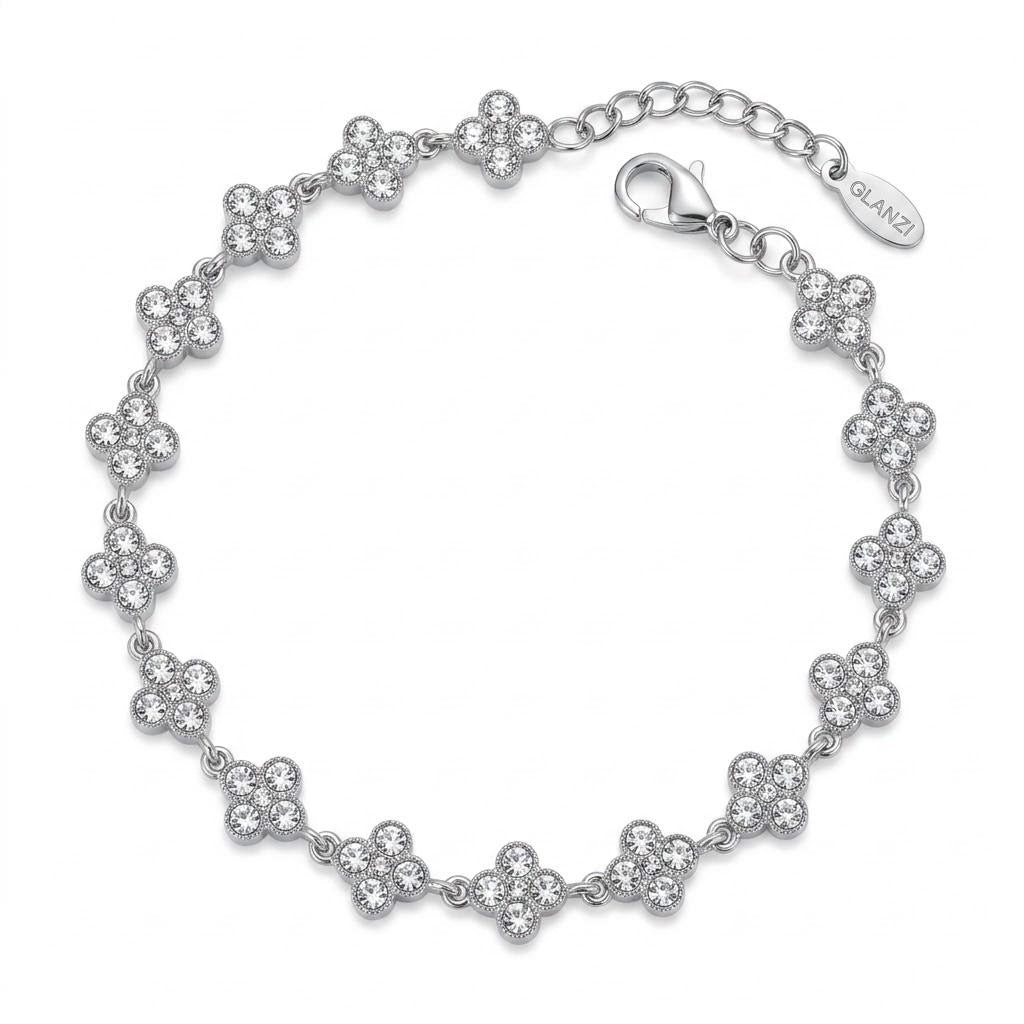 GLANZI Kleeblatt Schmuckset mit Weißem Zirkonia in Silber – Halskette & Armband