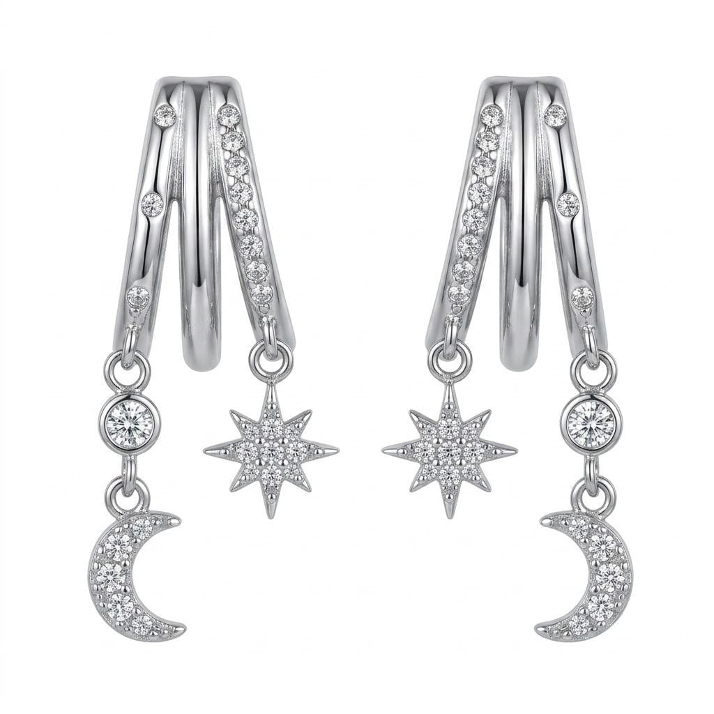 GLANZI Moonveil Ohrringe – Mehrreihige Creolen mit Stern & Mond