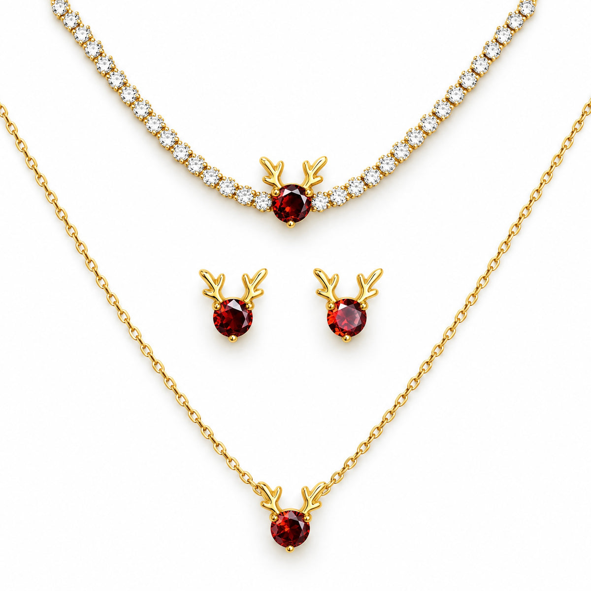GLANZI Ruby Reindeer Schmuckset – Ohrringe, Halskette & Armband