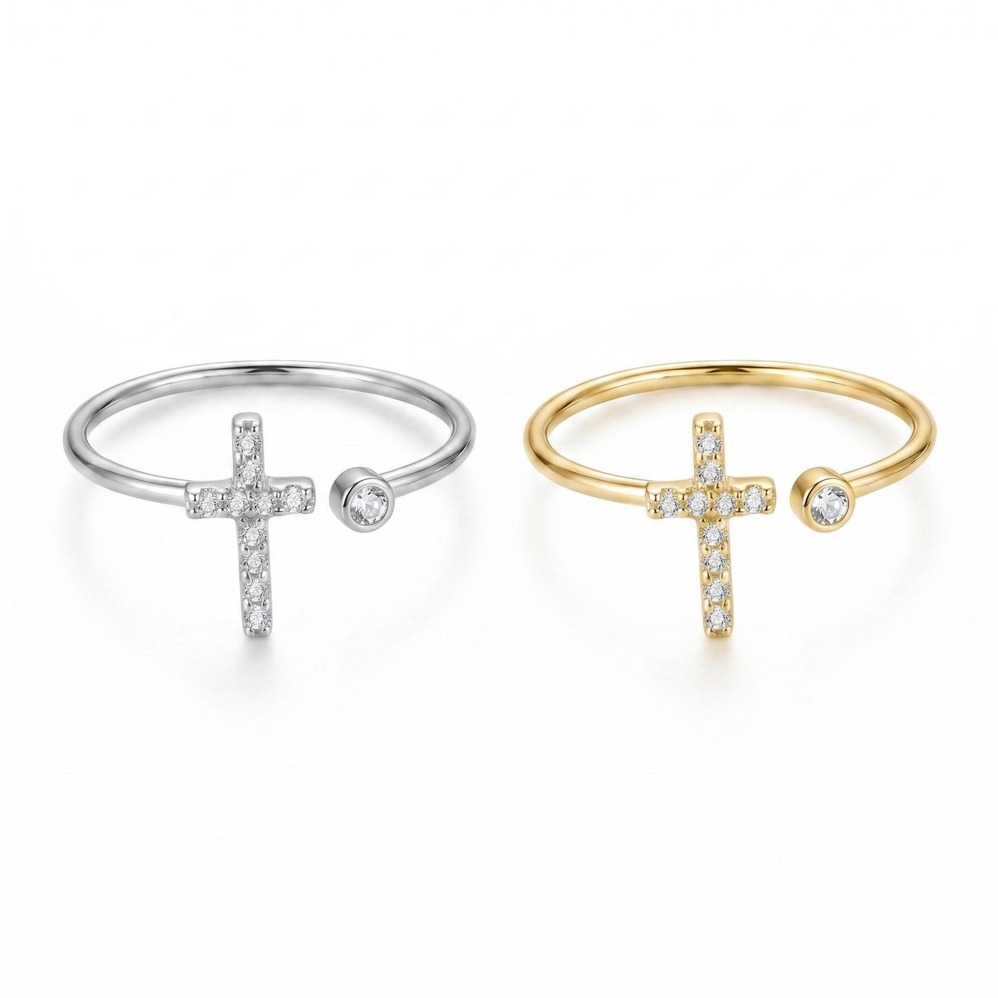 GLANZI Faith Ring – Kreuz mit Zirkonia, Edelstahl Vergoldet oder Silberfarben, Verstellbar