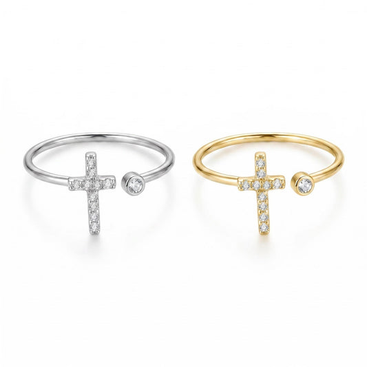 GLANZI Faith Ring – Kreuz mit Zirkonia, Edelstahl Vergoldet oder Silberfarben, Verstellbar